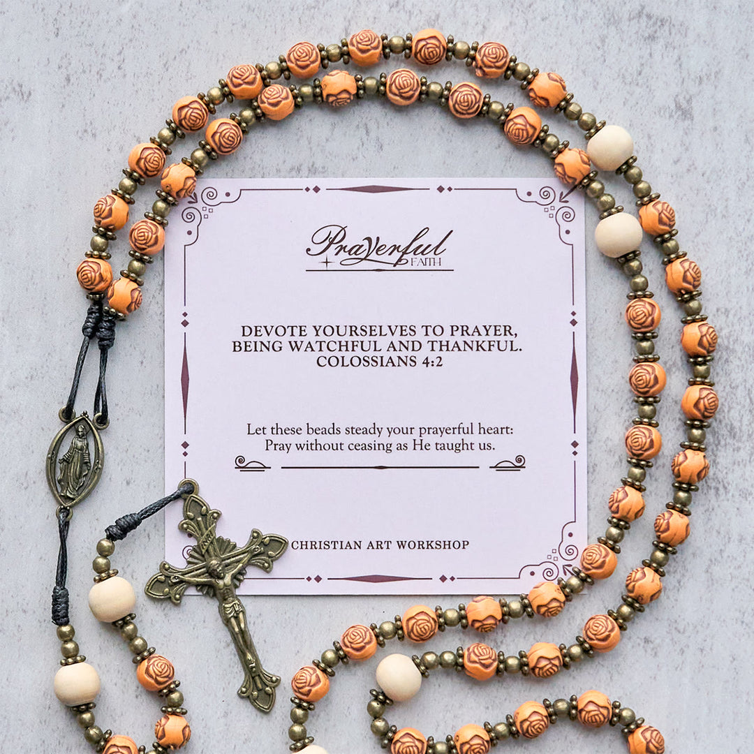 Christianartworkshop PRAYERFUL FAITH: Exquisite Wooden Rose Beads with Miraculous Medal Rosary - PRAYERFUL FAITH - image 1