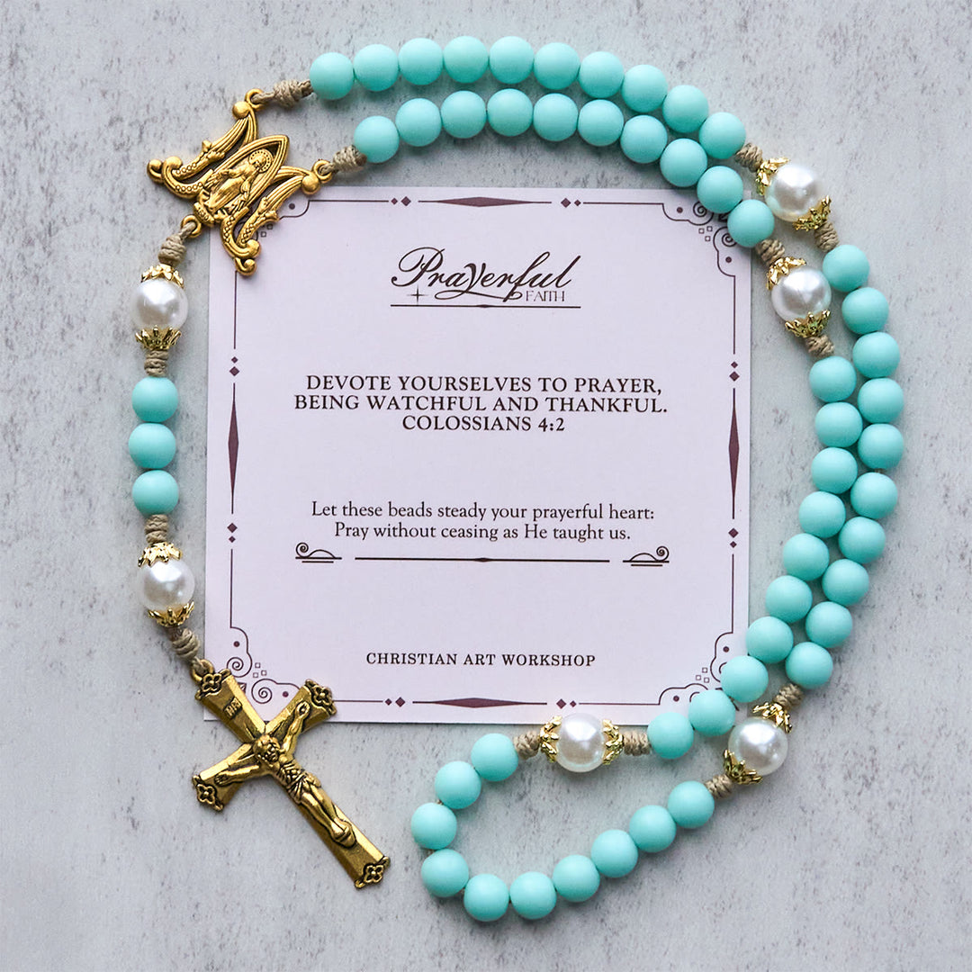 Christianartworkshop PRAYERFUL FAITH: Handmade Mint Green Beads & Pearl with Miraculous Medal - PRAYERFUL FAITH - image 1