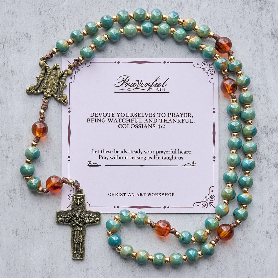 Christianartworkshop PRAYERFUL FAITH: Handcrafted Green Ceramic Rosary with Amber Beads - PRAYERFUL FAITH - image 1