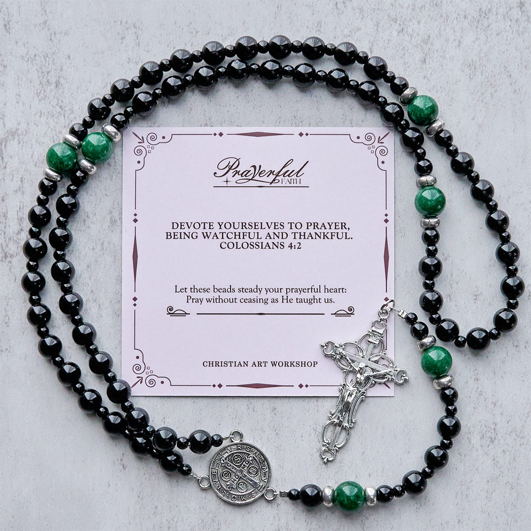 Christianartworkshop PRAYERFUL FAITH: St. Benedict & Crucifix of 8mm Obsidian & Jade Handmade Bead Rosary - PRAYERFUL FAITH - image 1