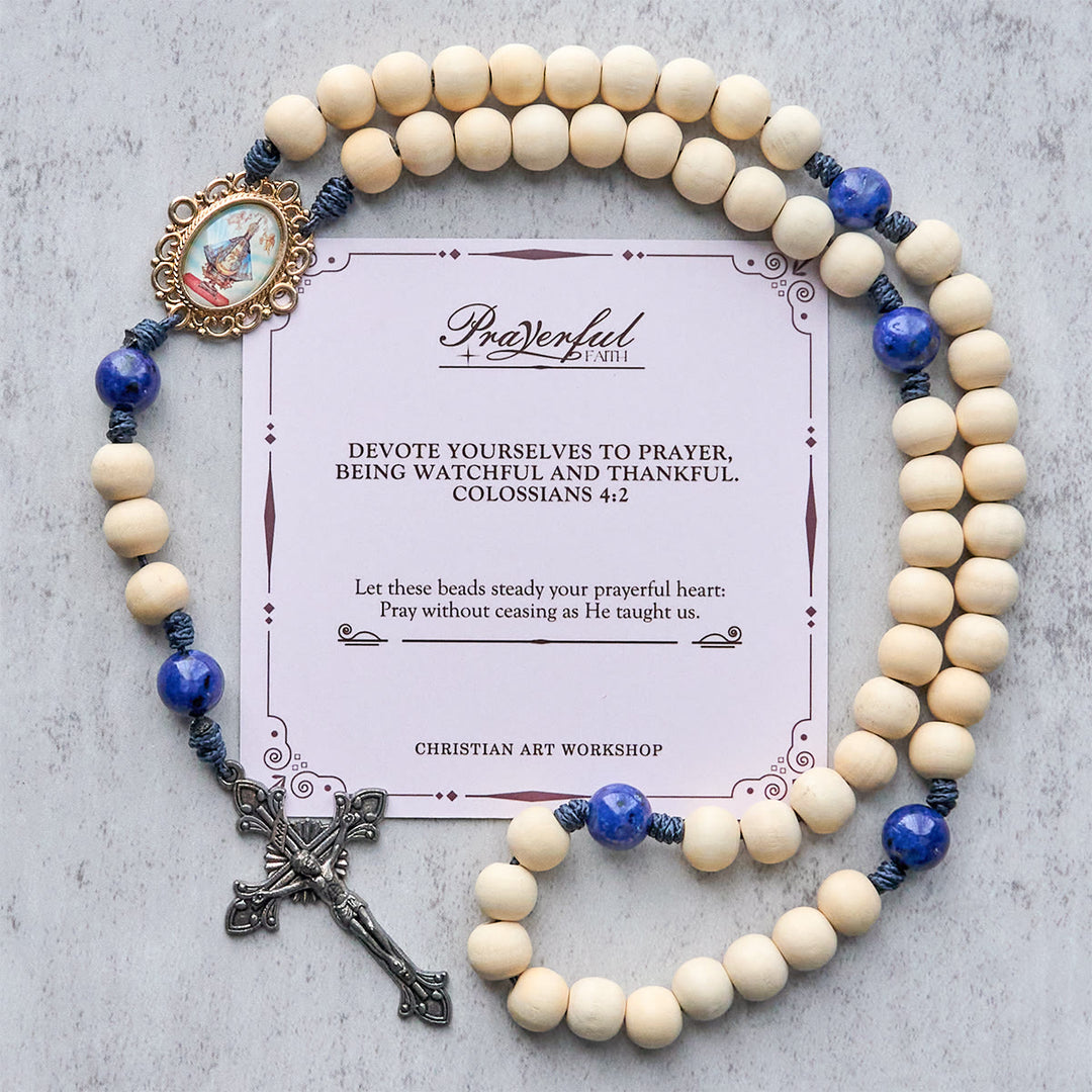 Christianartworkshop PRAYERFUL FAITH: 10mm Handmade Wooden Beads Lapis Lazuli Beads Rosary - PRAYERFUL FAITH - image 1