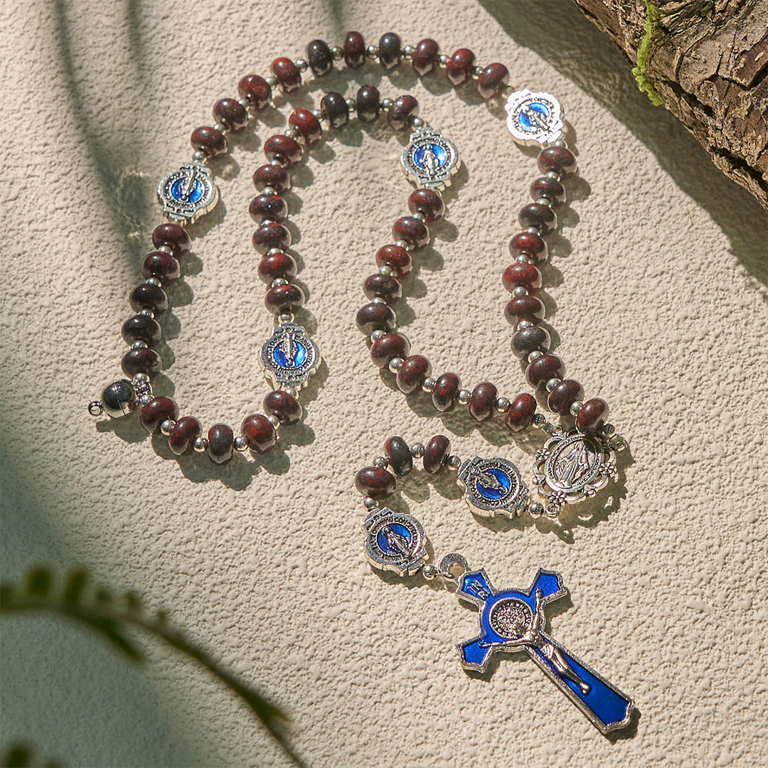 Christianartworkshop Handcrafted Deep Brown Rosary with Our Lady Blue Enamel Medals and Crucifix - image 4