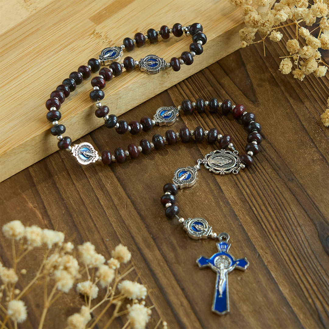 Christianartworkshop Handcrafted Deep Brown Rosary with Our Lady Blue Enamel Medals and Crucifix - Virgin Mary & Crucifix - image 1