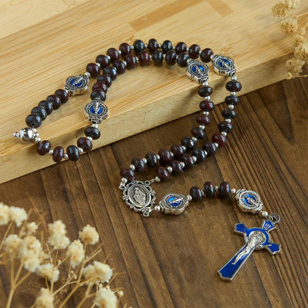 Christianartworkshop Handcrafted Deep Brown Rosary with Our Lady Blue Enamel Medals and Crucifix - image 2