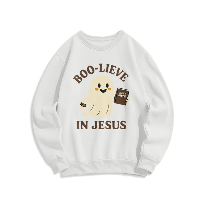 Christianartworkshop Boo-Lieve in Jesus Faith Over Fear Fleece Lined Polyester Sweatshirt - White - 2XL - image 3