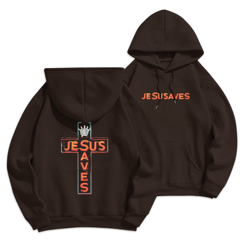 Christianartworkshop Jesus Saves Cross Graphic Faith Statement Fleece Lined Polyester Hoodie - Brown - 2XL - image 4