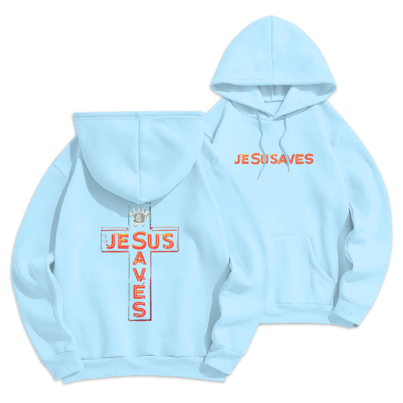Christianartworkshop Jesus Saves Cross Graphic Faith Statement Fleece Lined Polyester Hoodie - Blue - 2XL - image 5