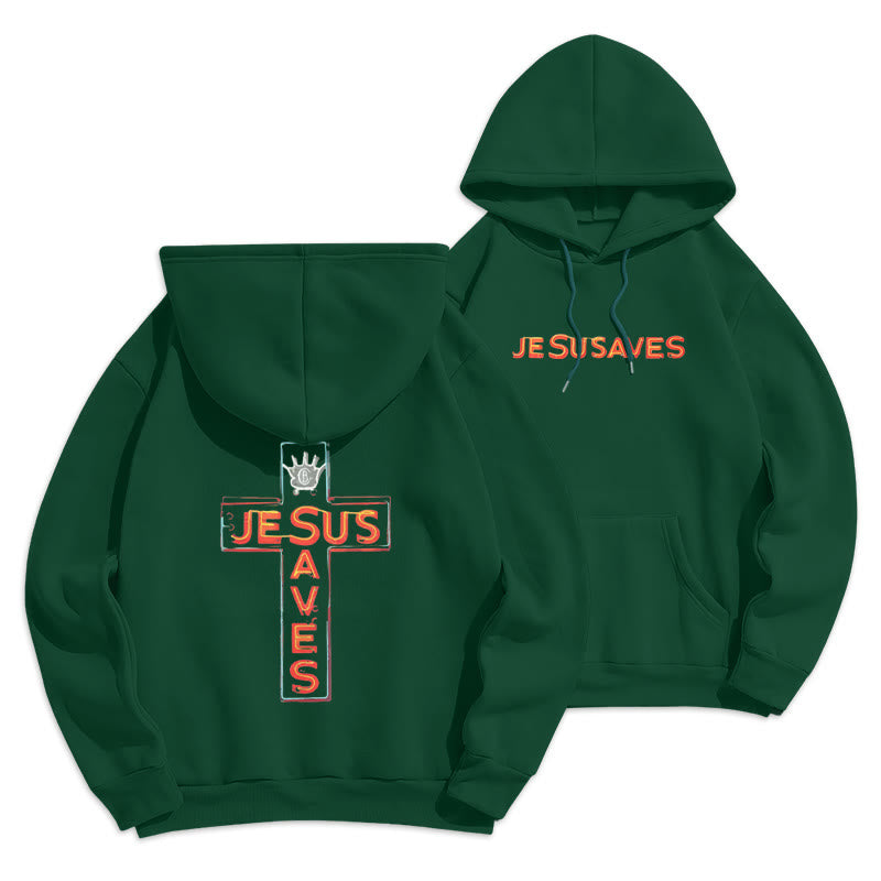 Christianartworkshop Jesus Saves Cross Graphic Faith Statement Fleece Lined Polyester Hoodie - Green - 2XL - image 5