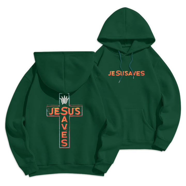 Christianartworkshop Jesus Saves Cross Graphic Faith Statement Fleece Lined Polyester Hoodie - Green - 2XL - image 5