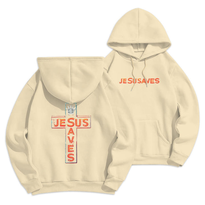 Christianartworkshop Jesus Saves Cross Graphic Faith Statement Fleece Lined Polyester Hoodie - Beige - 2XL - image 9