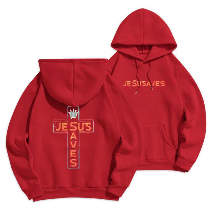 Christianartworkshop Jesus Saves Cross Graphic Faith Statement Fleece Lined Polyester Hoodie - Red - 2XL - image 4