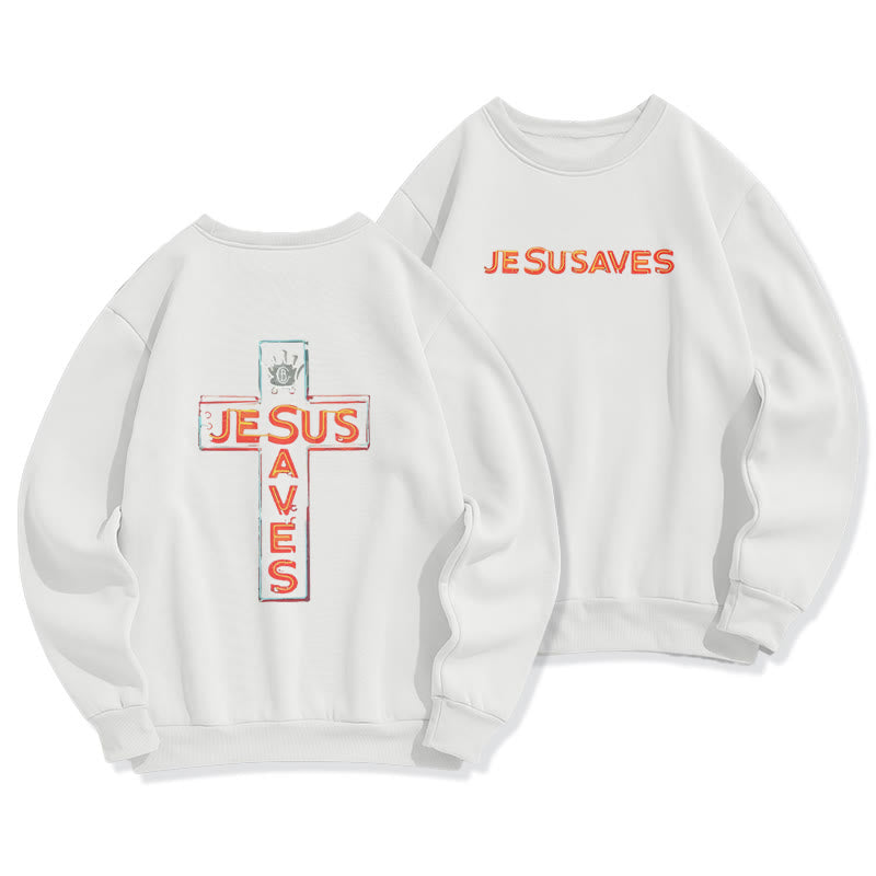 Christianartworkshop Jesus Saves Cross Graphic Faith Statement Fleece Lined Polyester Sweatshirt - White - 2XL - image 1