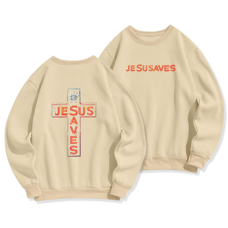 Christianartworkshop Jesus Saves Cross Graphic Faith Statement Fleece Lined Polyester Sweatshirt - Beige - 2XL - image 2