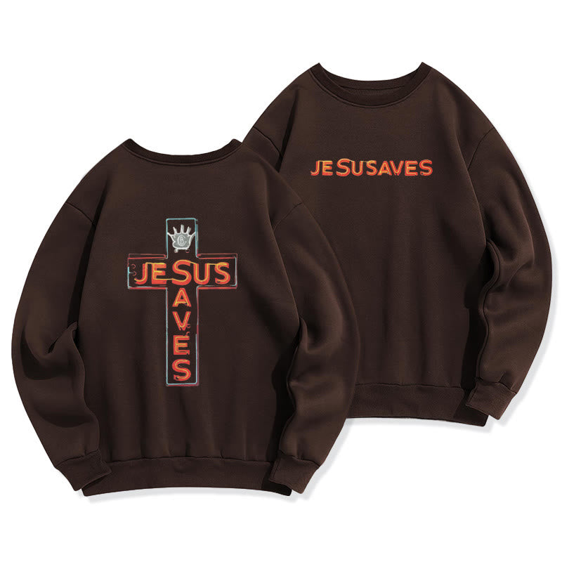 Christianartworkshop Jesus Saves Cross Graphic Faith Statement Fleece Lined Polyester Sweatshirt - Brown - 2XL - image 4