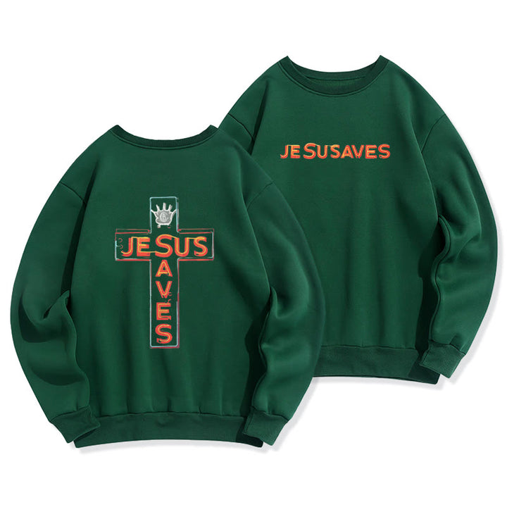 Christianartworkshop Jesus Saves Cross Graphic Faith Statement Fleece Lined Polyester Sweatshirt - Green - 2XL - image 5