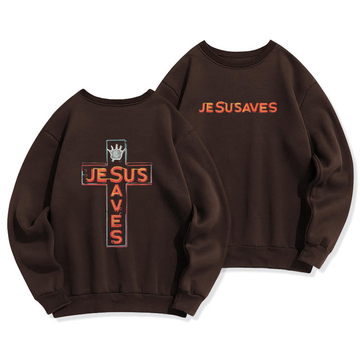 Christianartworkshop Jesus Saves Cross Graphic Faith Statement Fleece Lined Polyester Sweatshirt - Brown - 2XL - image 4