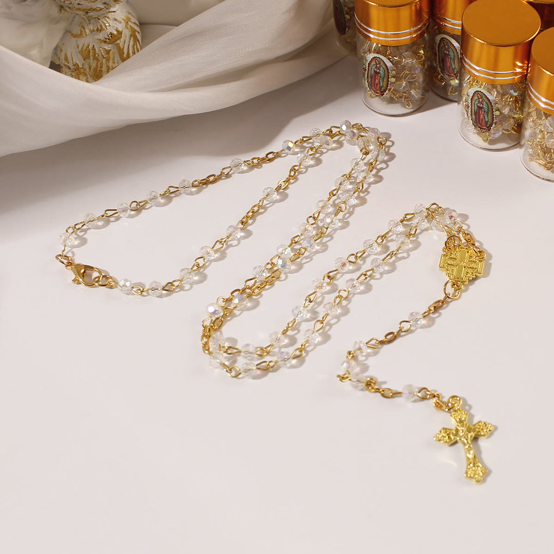 Christianartworkshop Sparkling Crystal Beads Jerusalem Cross Rosary with Our Lady Glass Bottle - image 4