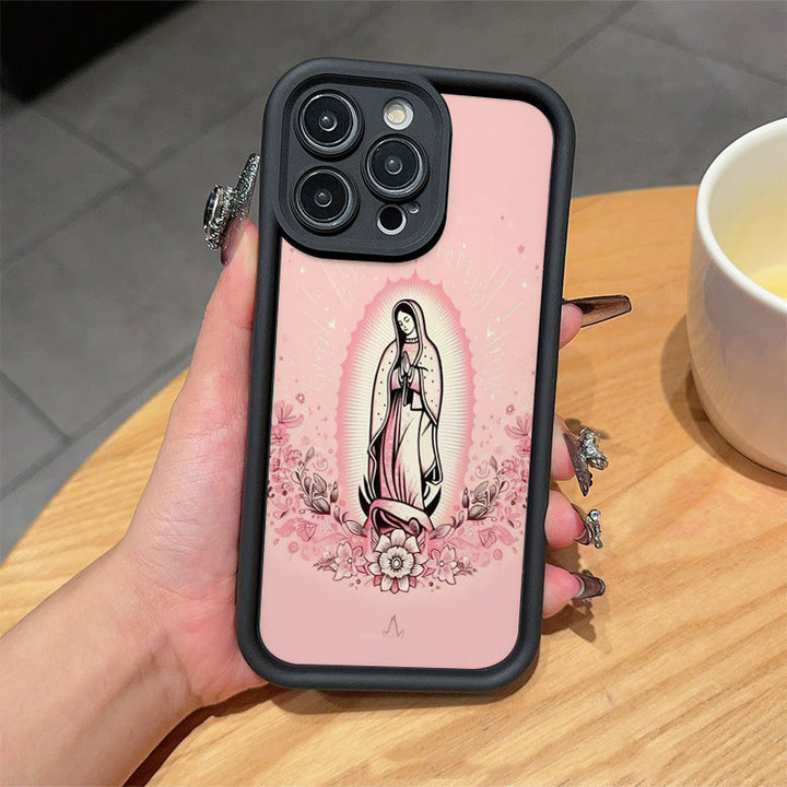 Christianartworkshop Colored Style Our Lady of Guadalupe Faithful Phone Case - iPhone 16Pro Max - Pink (Black Frame) - image 4