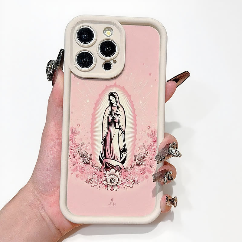 Christianartworkshop Colored Style Our Lady of Guadalupe Faithful Phone Case - iPhone 13 - Pink (White Frame) - image 1