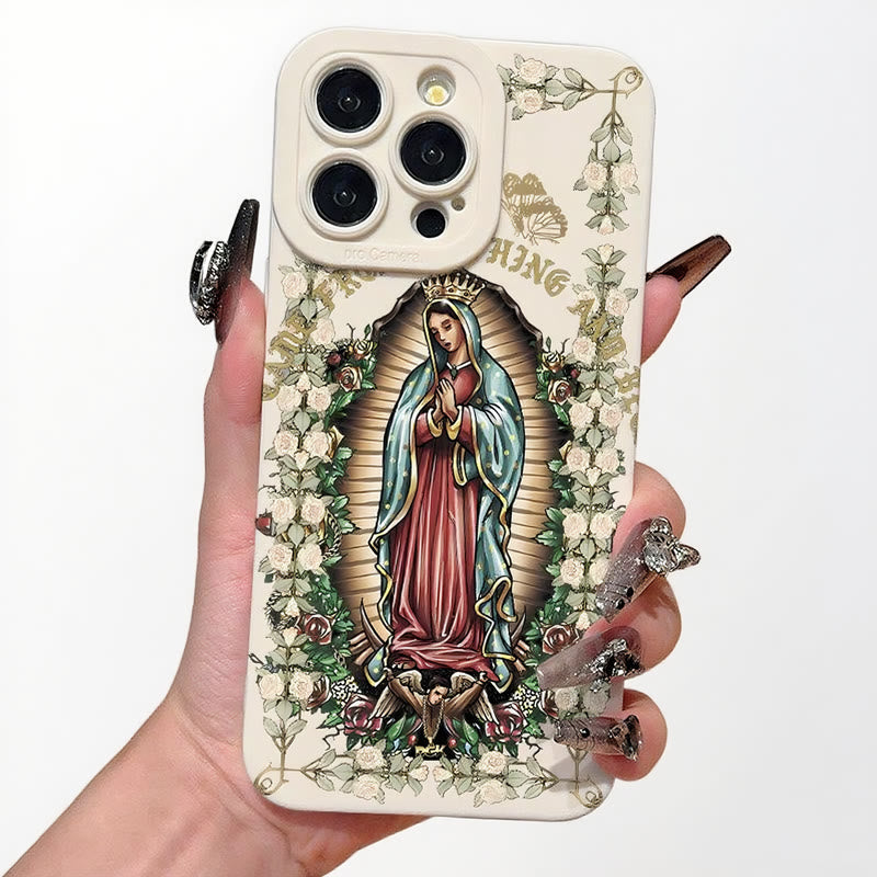 Christianartworkshop Virgin Mary Surrounded by White Roses Spiritual Phone Case - iPhone 12 - White (Frame-Ring Style) - image 1