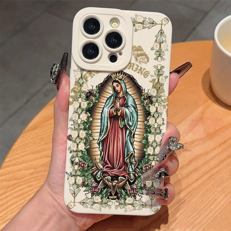 Christianartworkshop Virgin Mary Surrounded by White Roses Spiritual Phone Case - iPhone 16Pro Max - White (Frame-Ring Style) - image 2