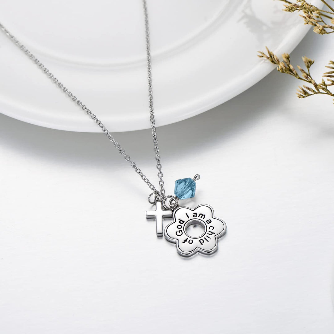 Christianartworkshop Child of God Birthstone Cross Necklace: Faith & Blessings for Every Month - March - image 6