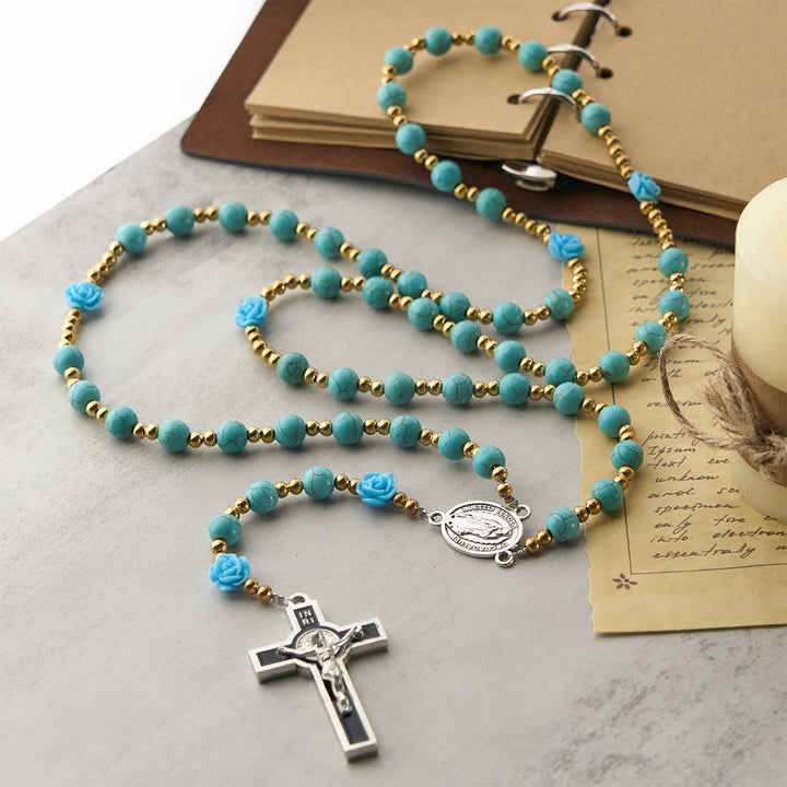 Christianartworkshop Elegant Red & Blue Rose Rosary with Turquoise Beads: Blessed by Our Lady and St. Benedict - image 14
