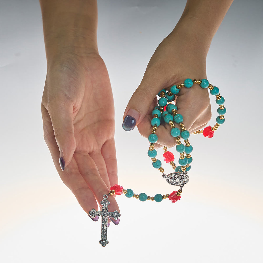 Christianartworkshop Elegant Red & Blue Rose Rosary with Turquoise Beads: Blessed by Our Lady and St. Benedict - image 2