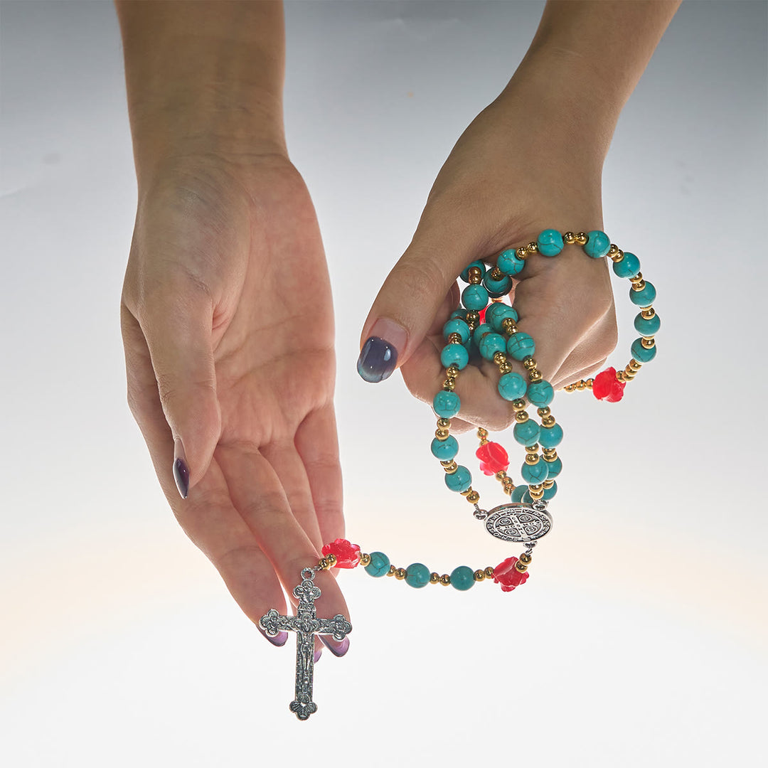 Christianartworkshop Elegant Red & Blue Rose Rosary with Turquoise Beads: Blessed by Our Lady and St. Benedict - image 2