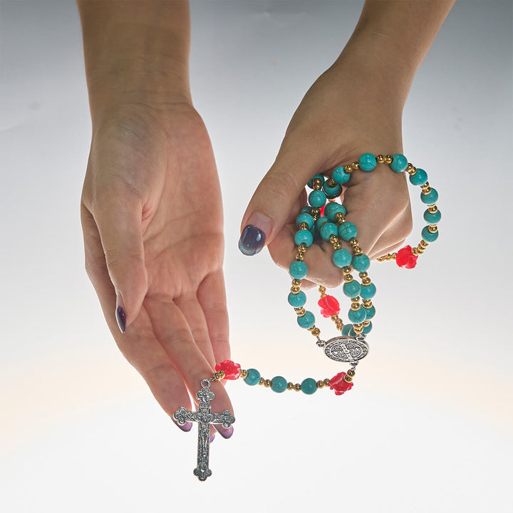 Christianartworkshop Elegant Red & Blue Rose Rosary with Turquoise Beads: Blessed by Our Lady and St. Benedict - image 2