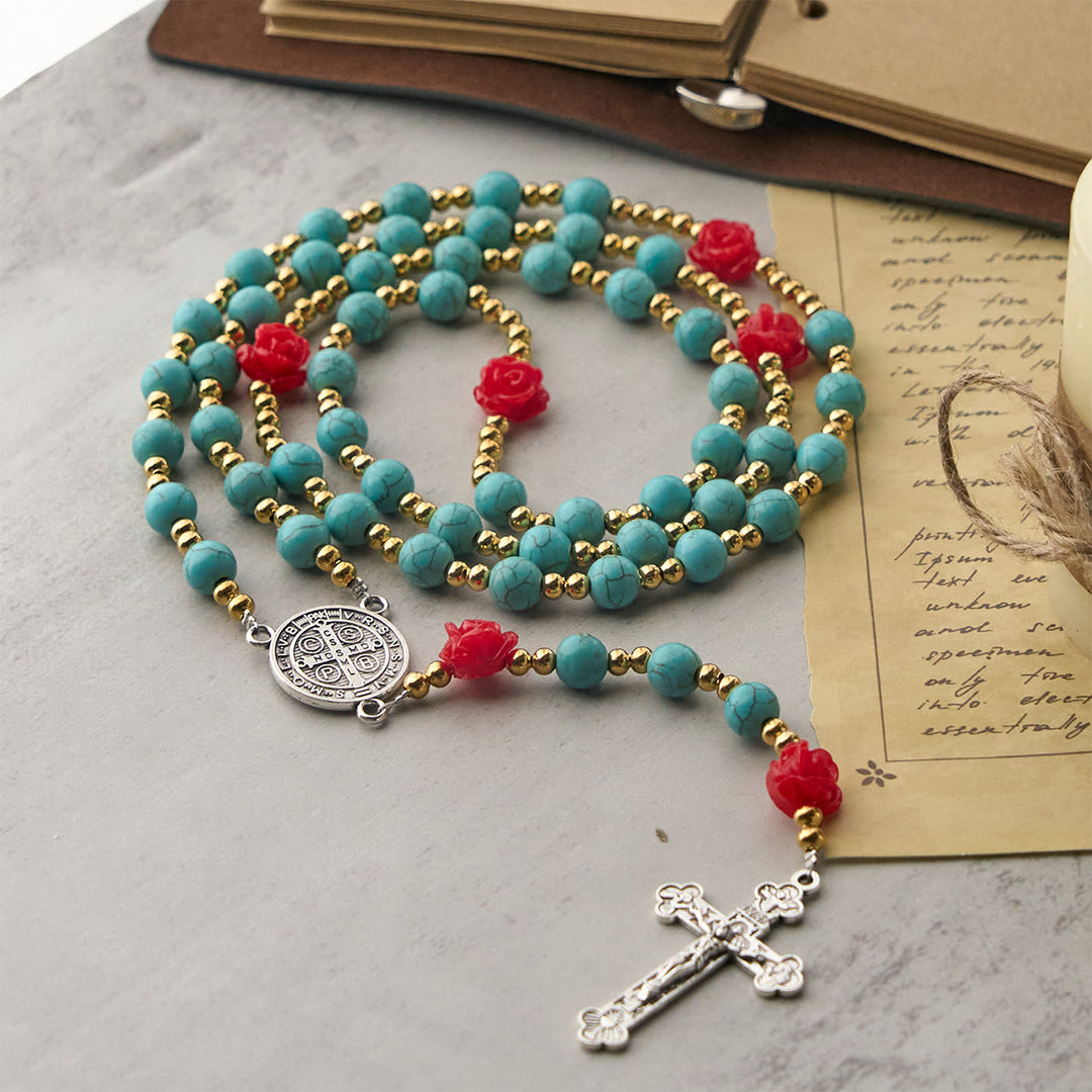 Christianartworkshop Elegant Red & Blue Rose Rosary with Turquoise Beads: Blessed by Our Lady and St. Benedict - image 4