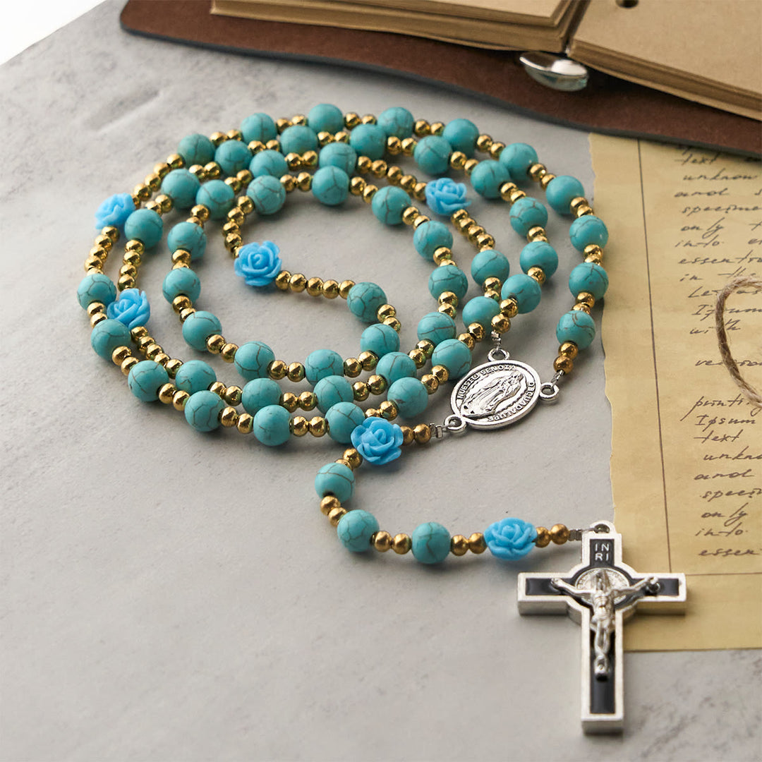 Christianartworkshop Elegant Red & Blue Rose Rosary with Turquoise Beads: Blessed by Our Lady and St. Benedict - image 15