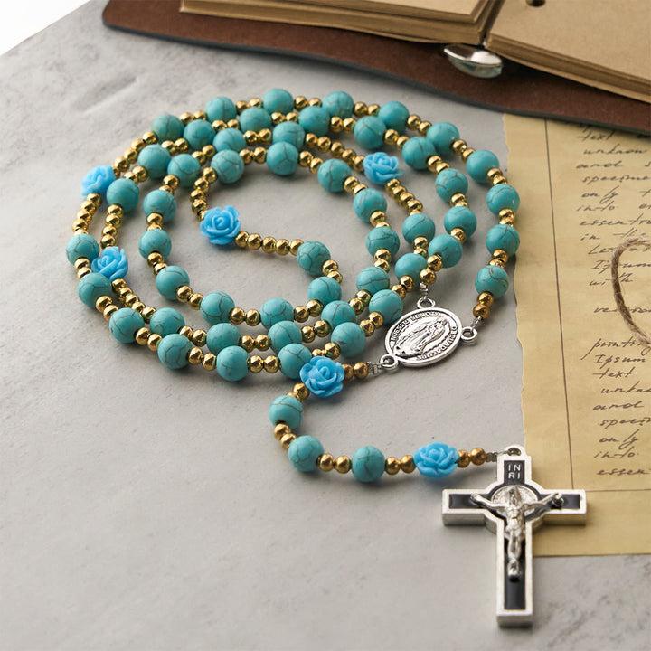Christianartworkshop Elegant Red & Blue Rose Rosary with Turquoise Beads: Blessed by Our Lady and St. Benedict - image 15