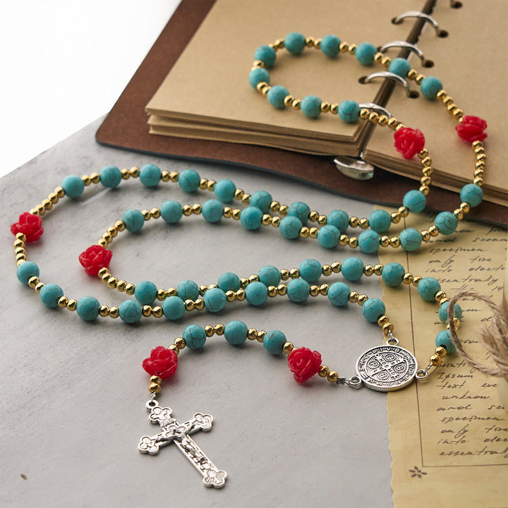 Christianartworkshop Elegant Red & Blue Rose Rosary with Turquoise Beads: Blessed by Our Lady and St. Benedict - image 5
