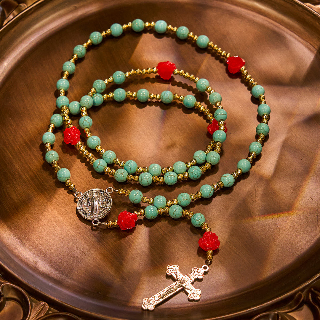 Christianartworkshop Elegant Red & Blue Rose Rosary with Turquoise Beads: Blessed by Our Lady and St. Benedict - image 7