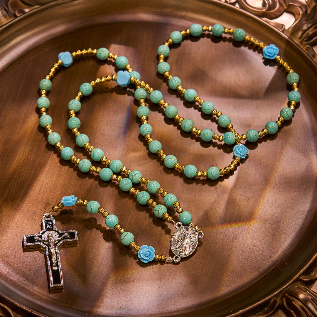 Christianartworkshop Elegant Red & Blue Rose Rosary with Turquoise Beads: Blessed by Our Lady and St. Benedict - image 17