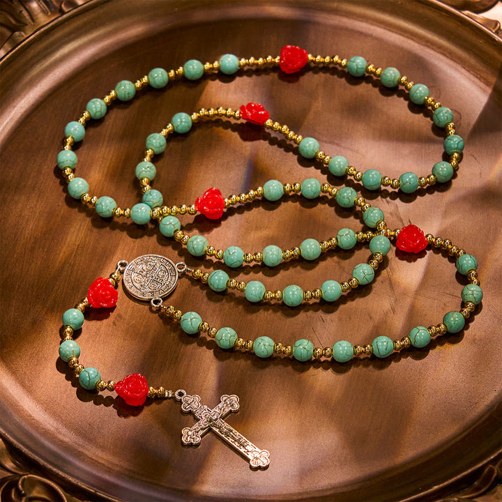 Christianartworkshop Elegant Red & Blue Rose Rosary with Turquoise Beads: Blessed by Our Lady and St. Benedict - image 6
