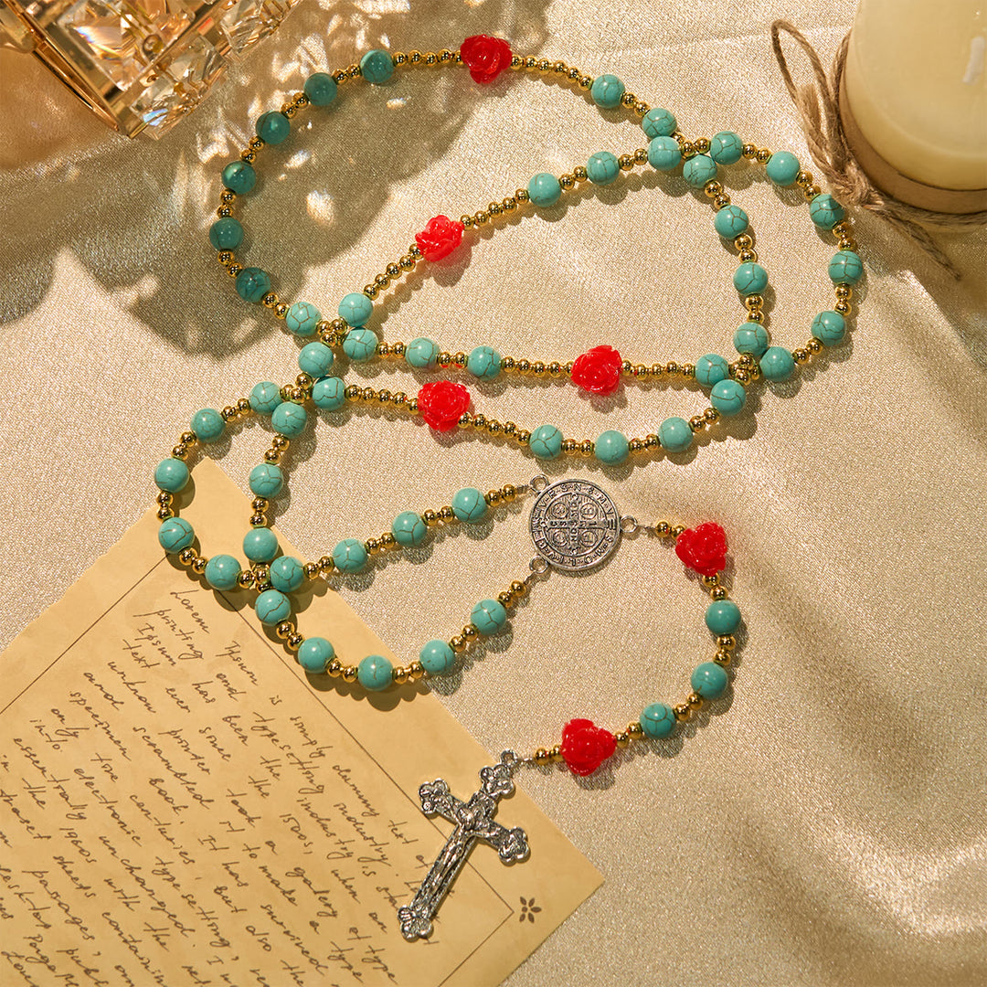 Christianartworkshop Elegant Red & Blue Rose Rosary with Turquoise Beads: Blessed by Our Lady and St. Benedict - image 3