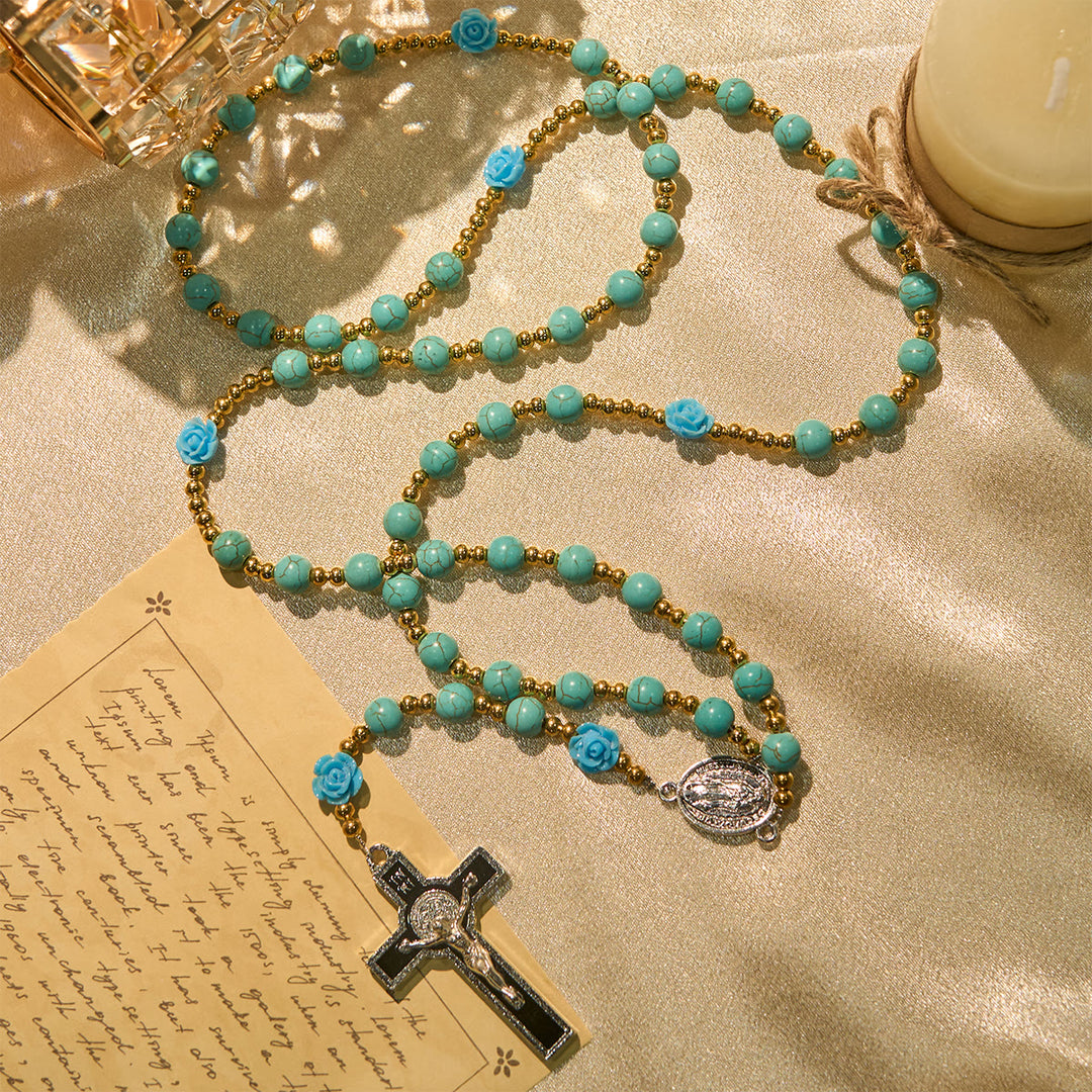 Christianartworkshop Elegant Red & Blue Rose Rosary with Turquoise Beads: Blessed by Our Lady and St. Benedict - image 13