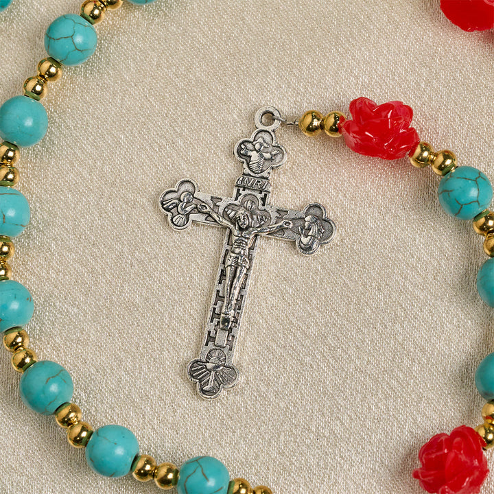 Christianartworkshop Elegant Red & Blue Rose Rosary with Turquoise Beads: Blessed by Our Lady and St. Benedict - image 9