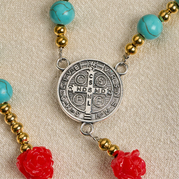Christianartworkshop Elegant Red & Blue Rose Rosary with Turquoise Beads: Blessed by Our Lady and St. Benedict - image 8