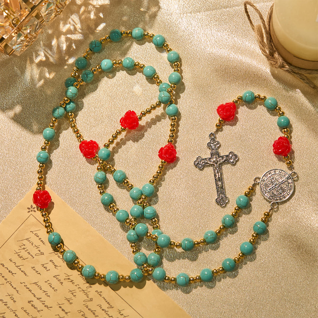Christianartworkshop Elegant Red & Blue Rose Rosary with Turquoise Beads: Blessed by Our Lady and St. Benedict - Red Rose - image 1
