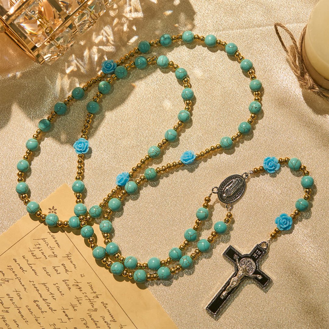Christianartworkshop Elegant Red & Blue Rose Rosary with Turquoise Beads: Blessed by Our Lady and St. Benedict - Blue Rose - image 11