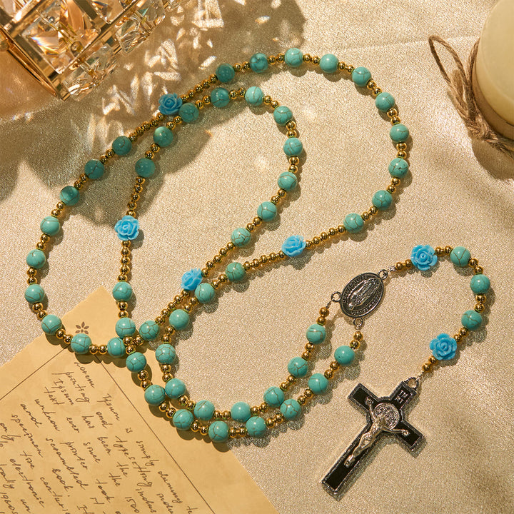 Christianartworkshop Elegant Red & Blue Rose Rosary with Turquoise Beads: Blessed by Our Lady and St. Benedict - Blue Rose - image 11