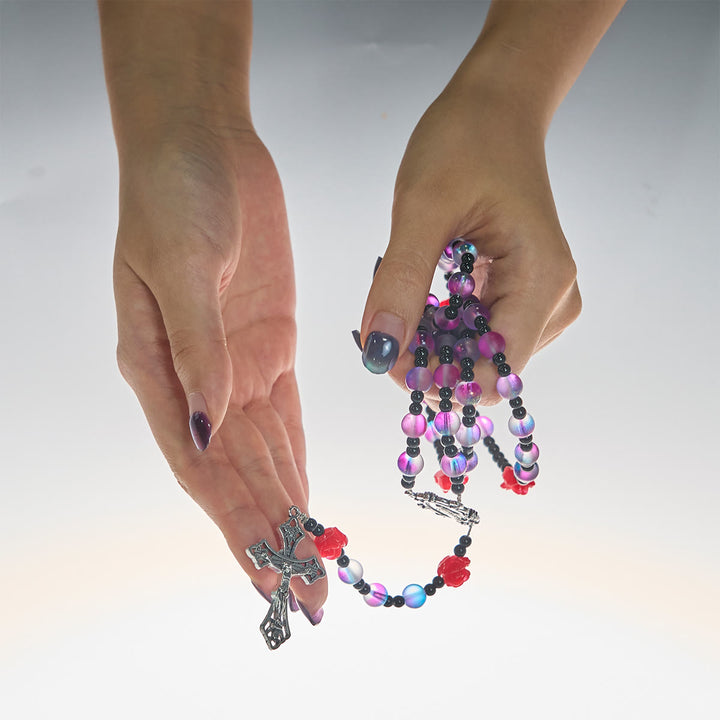 FREE Today: Mystical Frosted Purple-Blue Beads Rosary with Red Roses & Miraculous Medal Blessing - image 2