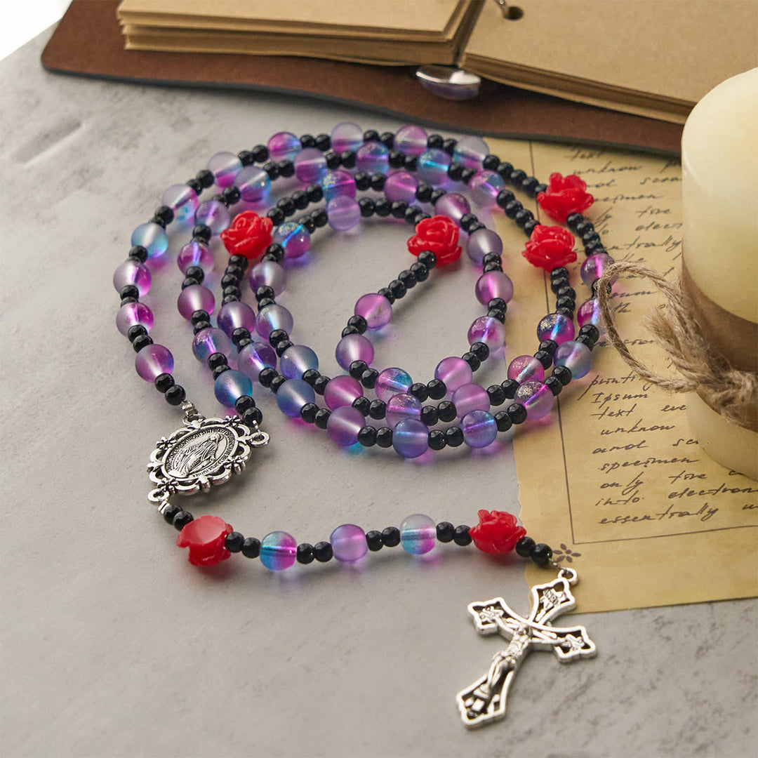 Christianartworkshop Mystical Frosted Purple-Blue Beads Rosary with Red Roses & Miraculous Medal Blessing - image 4