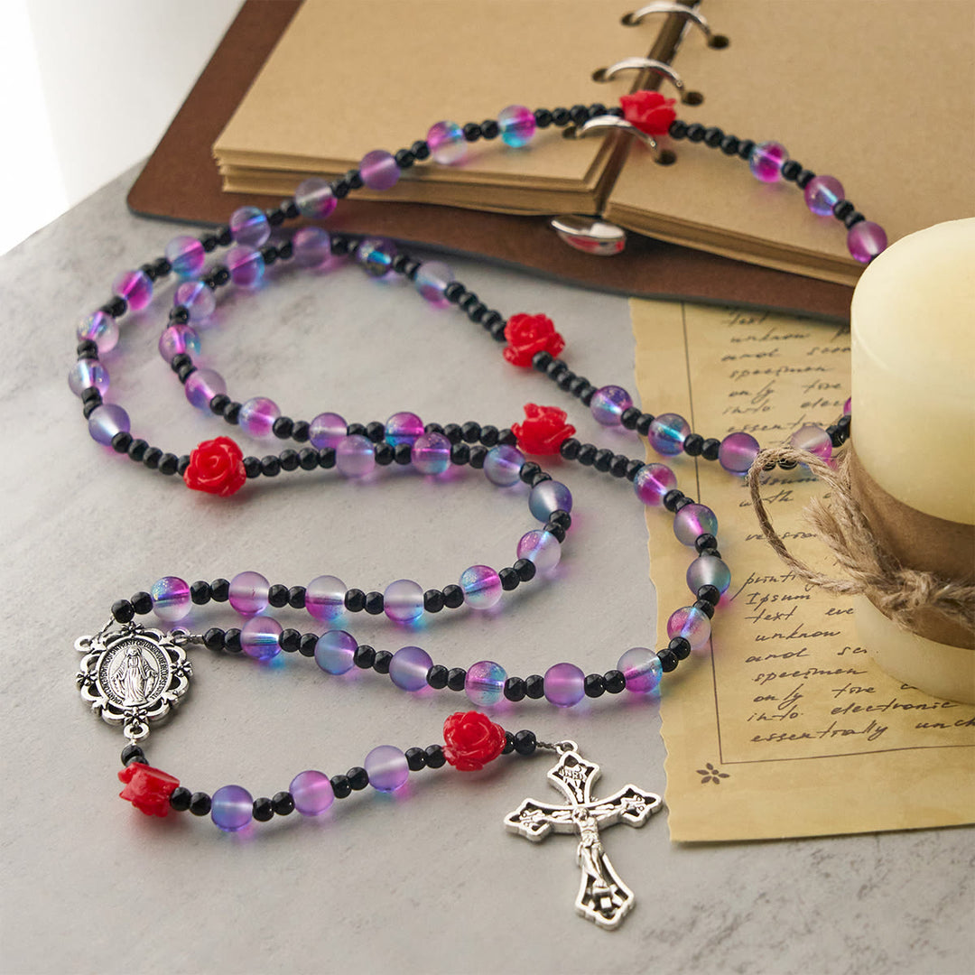 Christianartworkshop Mystical Frosted Purple-Blue Beads Rosary with Red Roses & Miraculous Medal Blessing - image 5