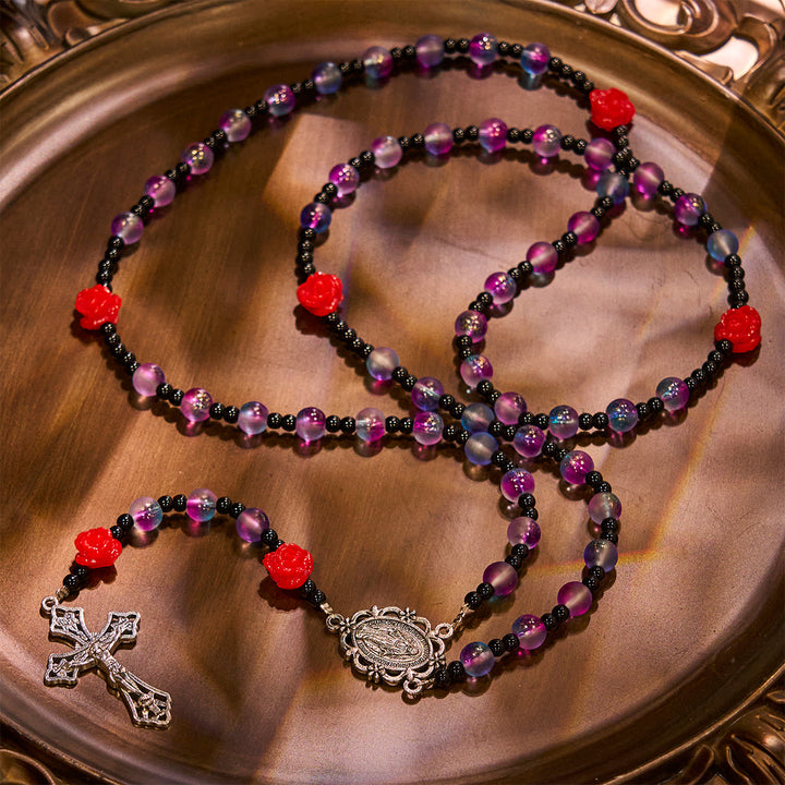 Christianartworkshop Mystical Frosted Purple-Blue Beads Rosary with Red Roses & Miraculous Medal Blessing - image 6