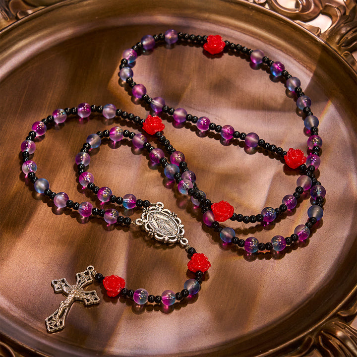 Christianartworkshop Mystical Frosted Purple-Blue Beads Rosary with Red Roses & Miraculous Medal Blessing - image 7
