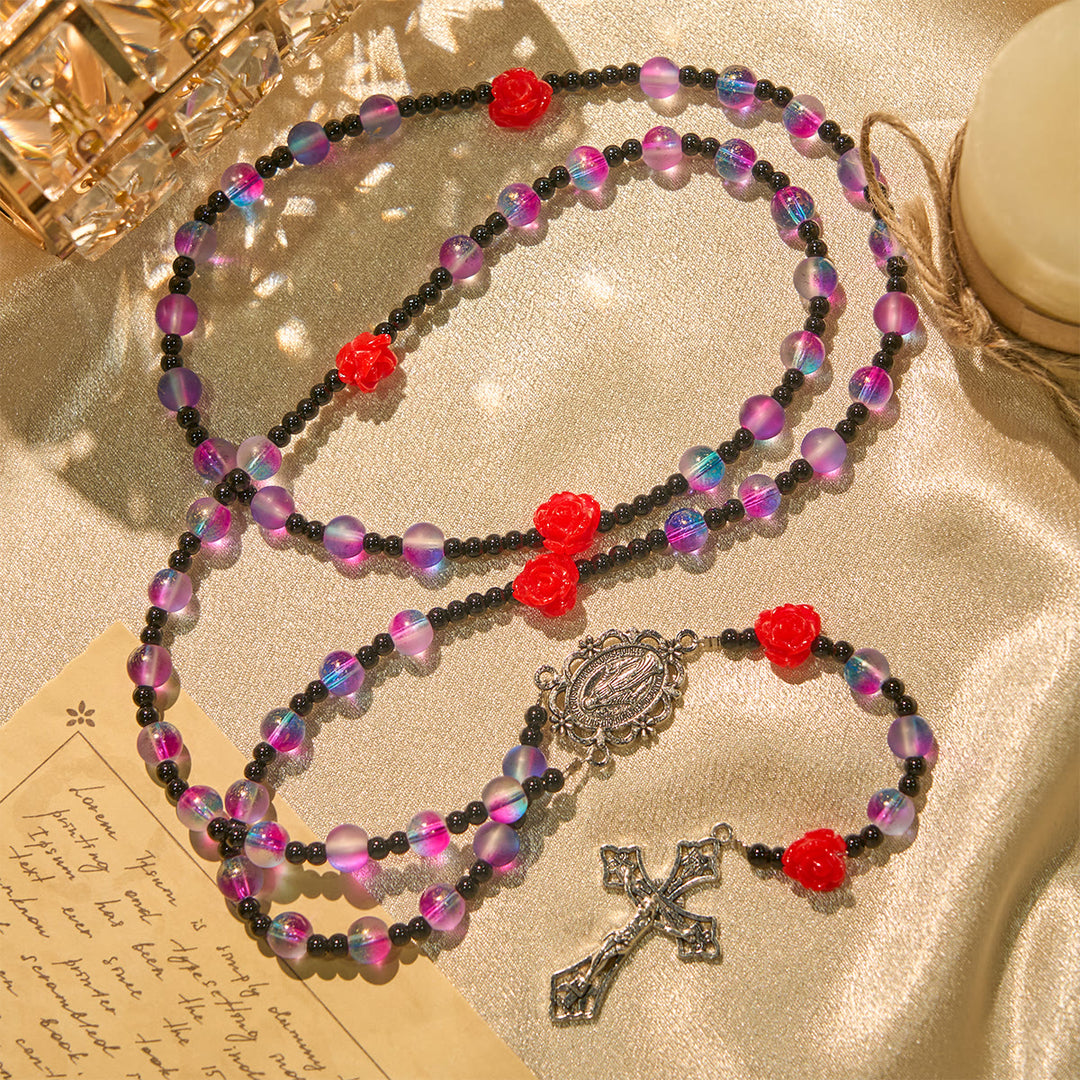 Christianartworkshop Mystical Frosted Purple-Blue Beads Rosary with Red Roses & Miraculous Medal Blessing - image 3